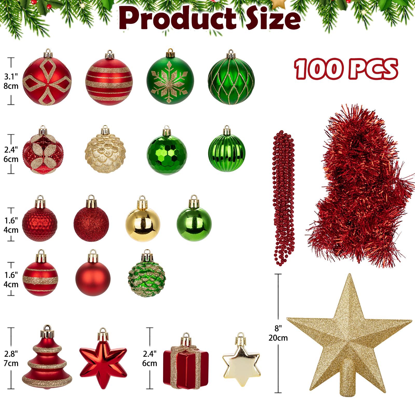 Hollyone 100 pièces Ensemble de Boules de Noël en Plastique, décorations de Noël incassables, Boules de Noël Assorties, décorations à Suspendre pour Sapin de Noël, doré, Rouge et Vert
