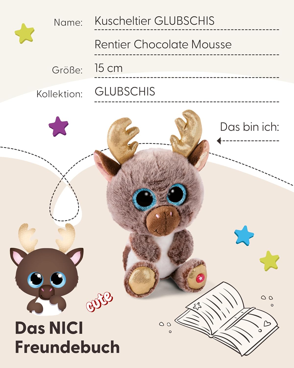 NICI knuffel GLUBSCHIS Rendier Mandellin 15cm beige - Zacht speelgoed gemaakt van pluche, schattig pluchen knuffeldier om mee te knuffelen en te spelen, voor kinderen en volwassenen - 48854