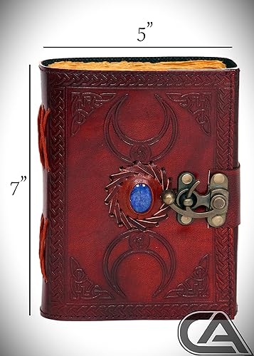 Miniatura 4 de Diario de cuero de triple luna, diario grimorio, cuaderno de bocetos de cuero de una sola piedra, 200 hojas antiguas en blanco con borde de cubierta