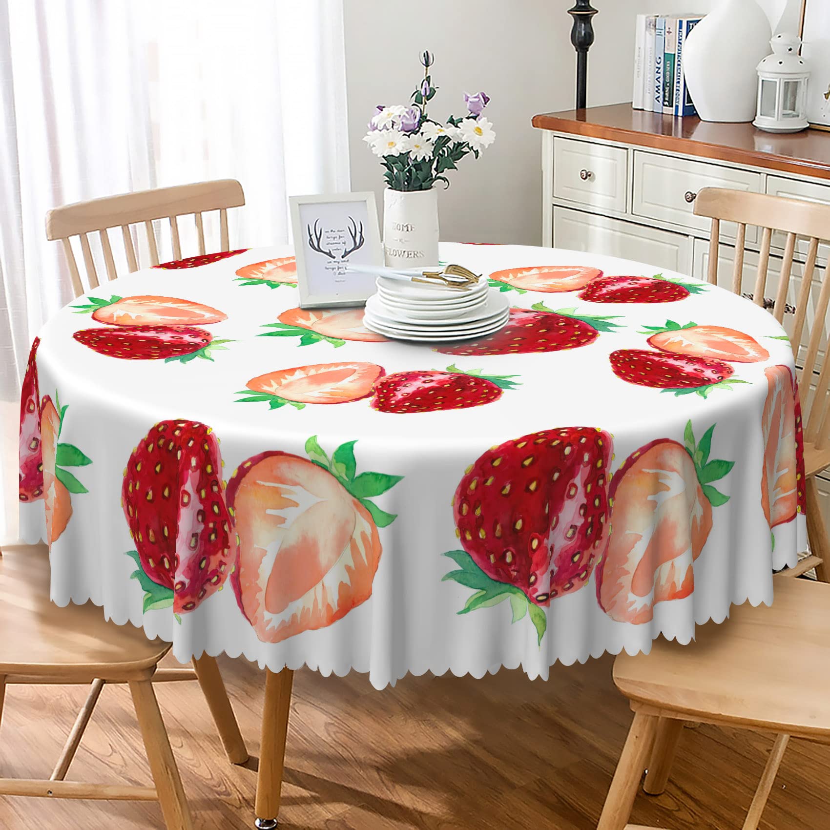 SIEDYCV Strawberry Print Round Tablecloth 42 Inch Red Strawberry Cut Pattern Fabric Table Cloth Polyester Oil Resistance Washable Fruit Table Cover