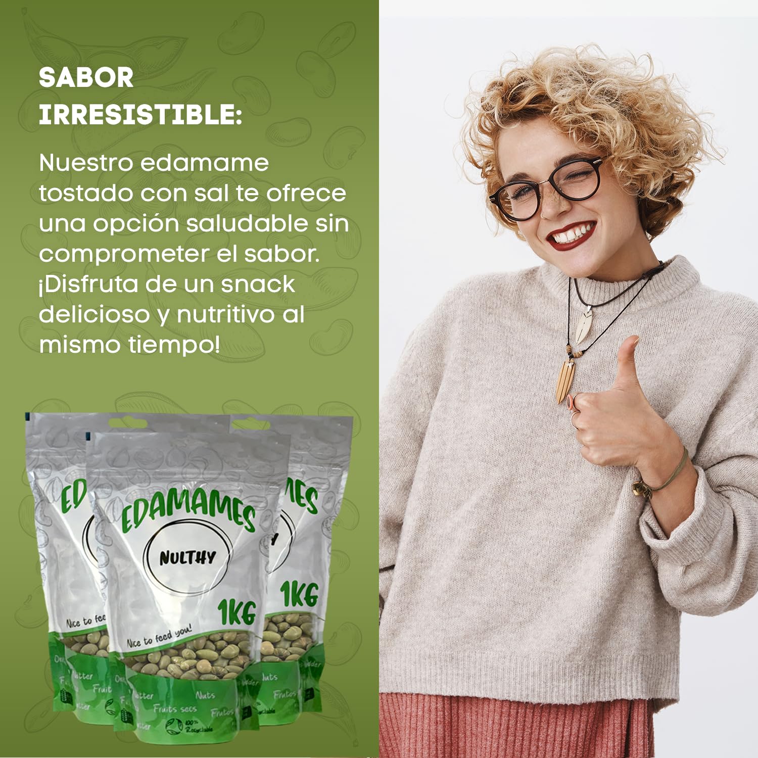 NULTHY - 1Kg Edamame Tostado - Feves Grillées, Salées, Snack Sain et Riche en Protéines, Edamame Croquant, Graine de Soja, Fèves, Idéal pour Collations & Apéritifs, Faible en Calories