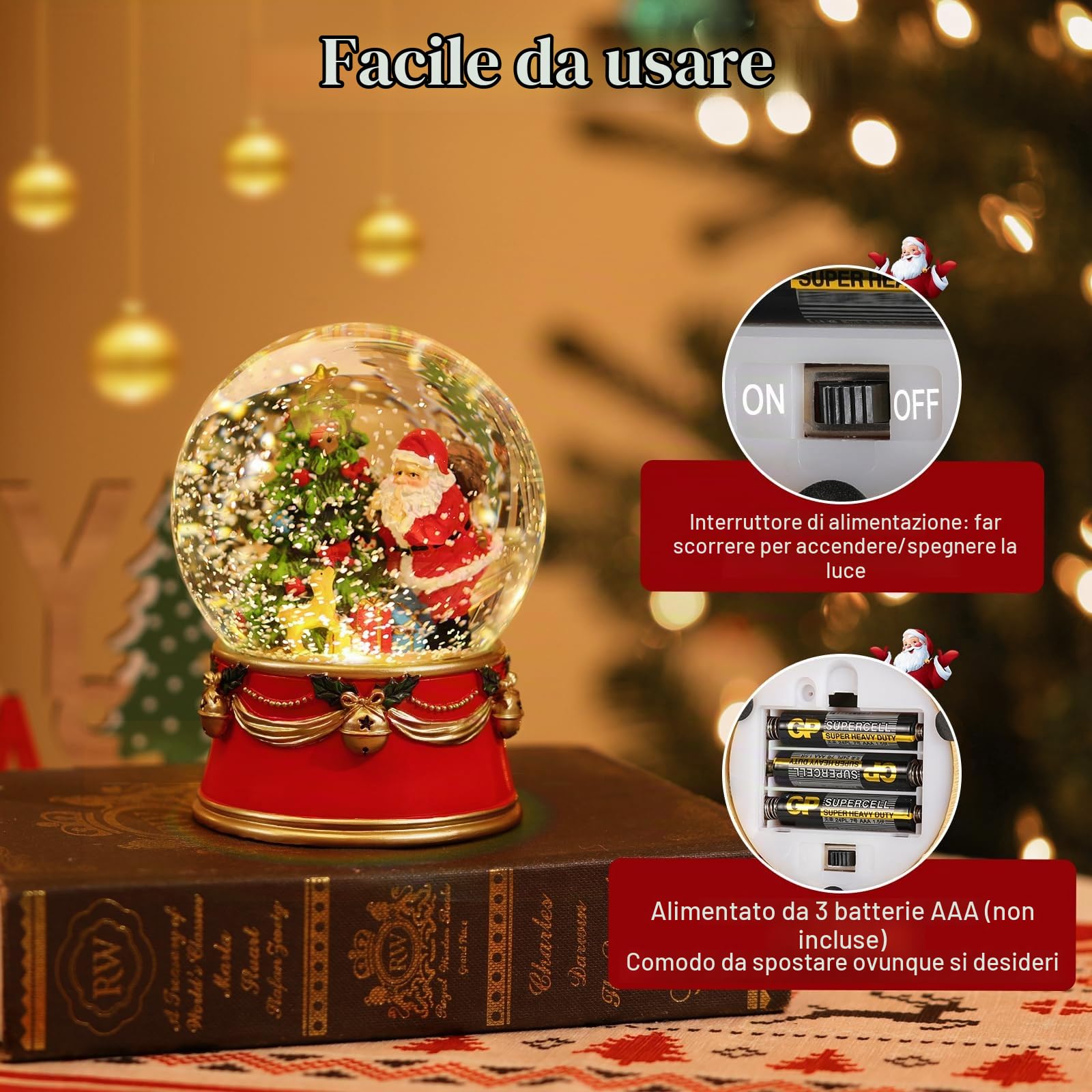 Lewondr Globo di Neve di Natale, Globo di Neve Elettrico di Babbo Natale con Fiocco di Neve e Luci, Globo d'Acqua Natalizio Alimentato a Batteria, Decorazione Natalizia per Casa e Festa, Rosso
