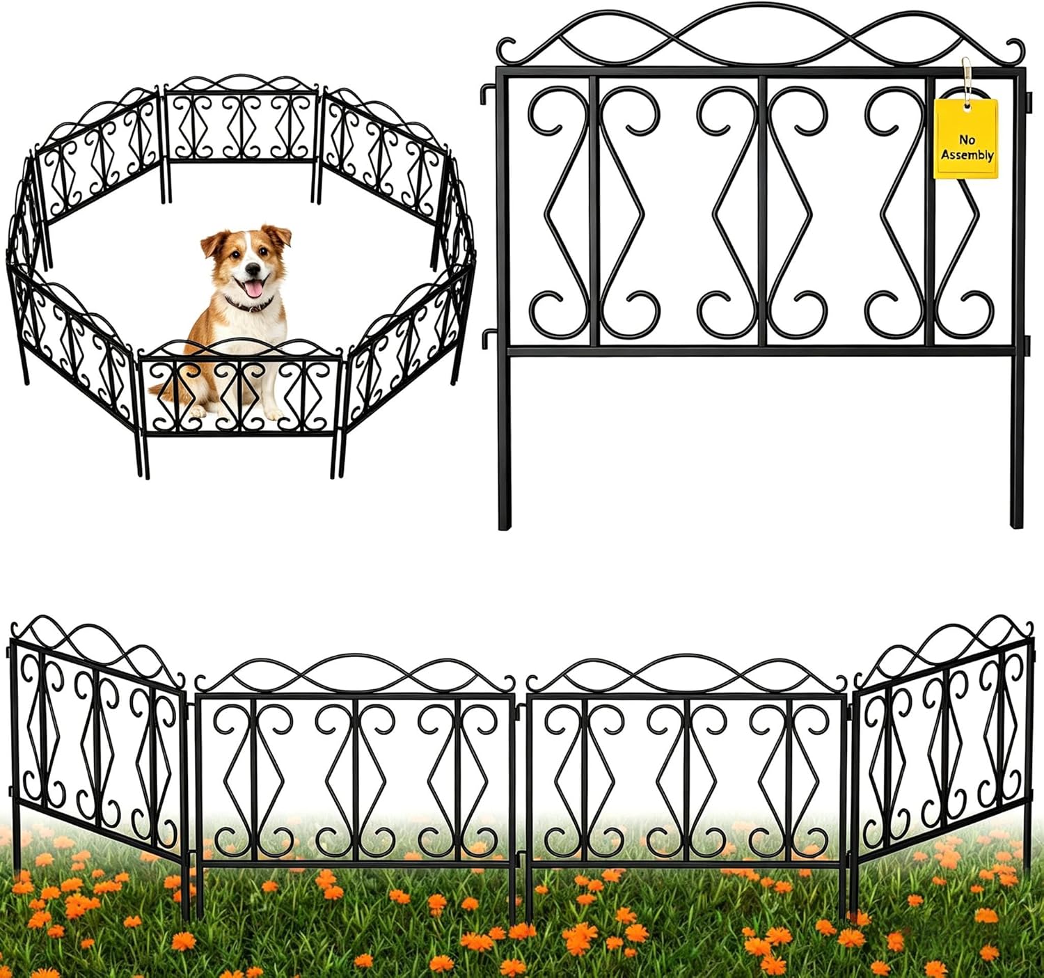 AMAGABELI GARDEN & HOME 5 Panels 24in(H)×10ft(L) Decorative Garden Fences and Borders for Dogs No Dig Rustproof Metal Fence Panels Garden Fence Edging Border Animal Barrier Fencing Black