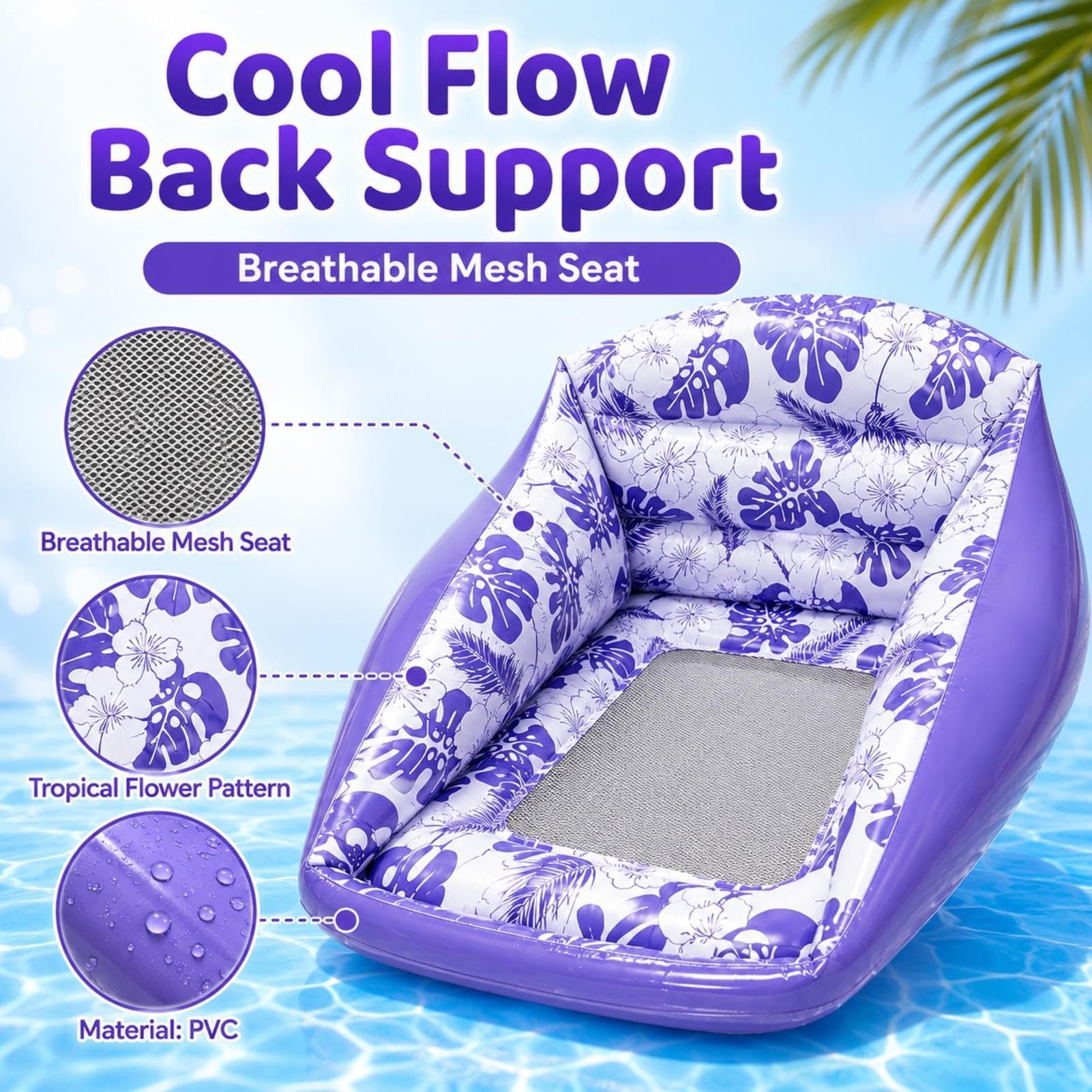 Chaise longue gonflable pour piscine – Canapé flottant polyvalent et hamac flottant | Siège ergonomique en maille rafraîchissante pour un confort durable | PVC robuste pour une utilisation en
