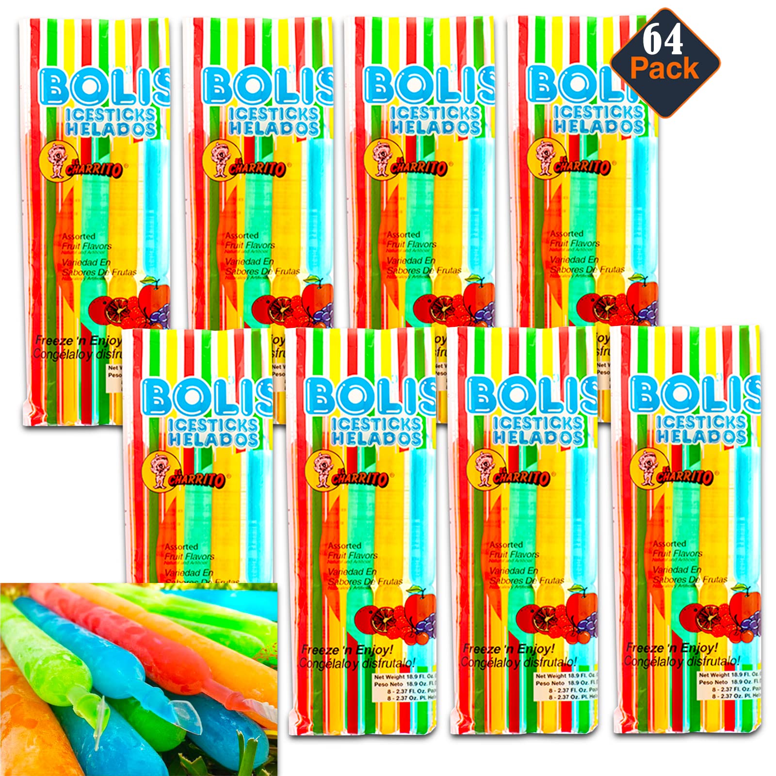 Bolis Freezer Pops Multi Pack - 8 Packs of Bolis Helados Icesticks Frozen Ice Pops In Assorted Fruit Flavors (64 Freezer Popsicles, 2.37 Oz Each) Plus
