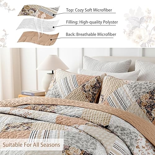 Miniatura 4 de Juego de edredón de 3 piezas, tamaño Queen, color rosa, floral, a cuadros, reversible, juego de ropa de cama de microfibra suave y ligera para todas