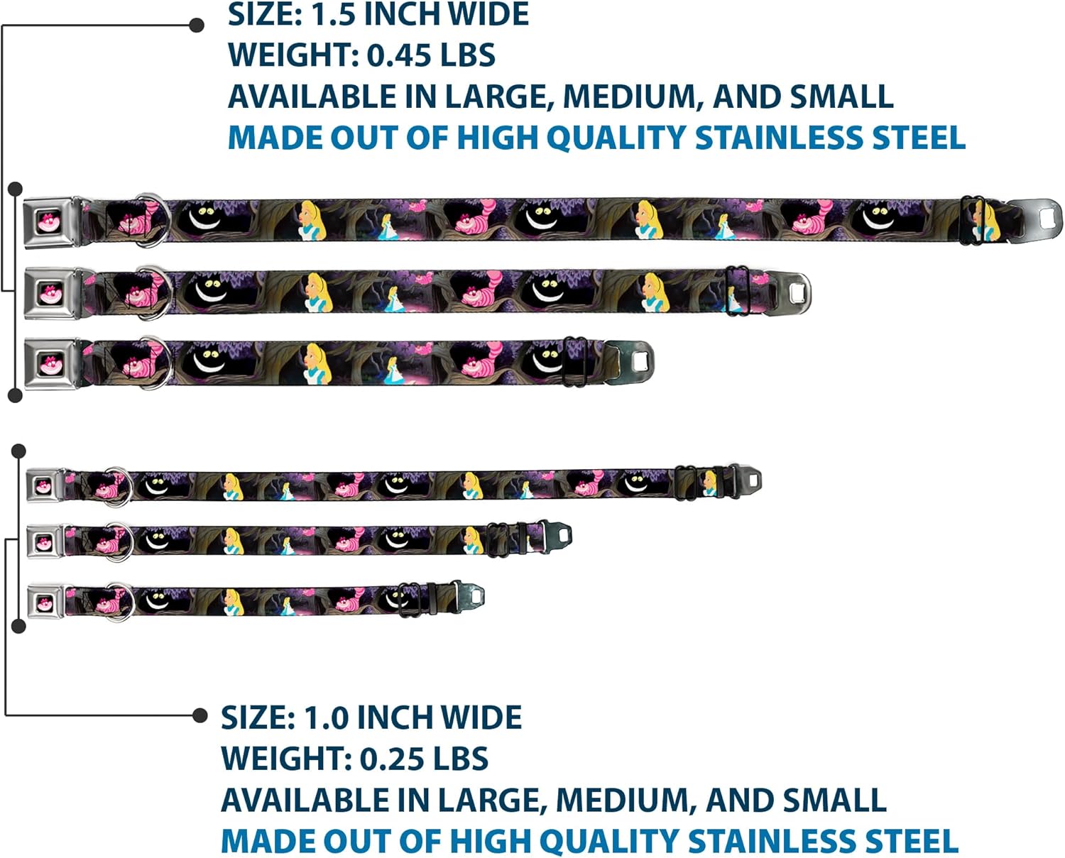 Disney Pet Collar, Dog Collar Metal Seatbelt Buckle, Alice The Cheshire Cat Scenes, 11 to 16.5 Inches 1.0 Inch Wide
