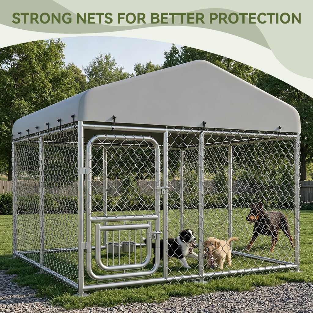 COMHOMA Dog Kennel Outdoor with Roof,Large Metal Dog Enclosure with Weather-Resistant Cover,Lockable Gate for Medium Large Dogs (Gunmetal, 7.5x7.5FT (90in))