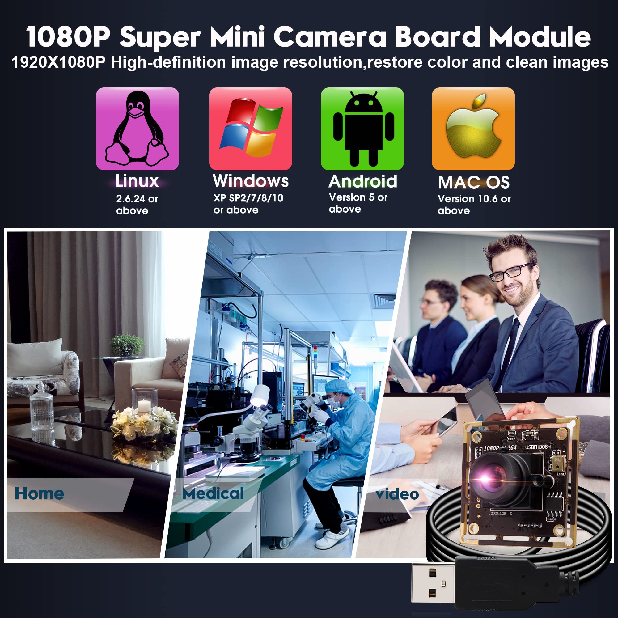 Módulo de cámara USB 1080P con lente de 100 grados sin distorsión, cámara USB pequeña de 2 MP con sensor IMX323, mini cámara web de video UVC con micrófono, compatible con Windows, Linux, Mac