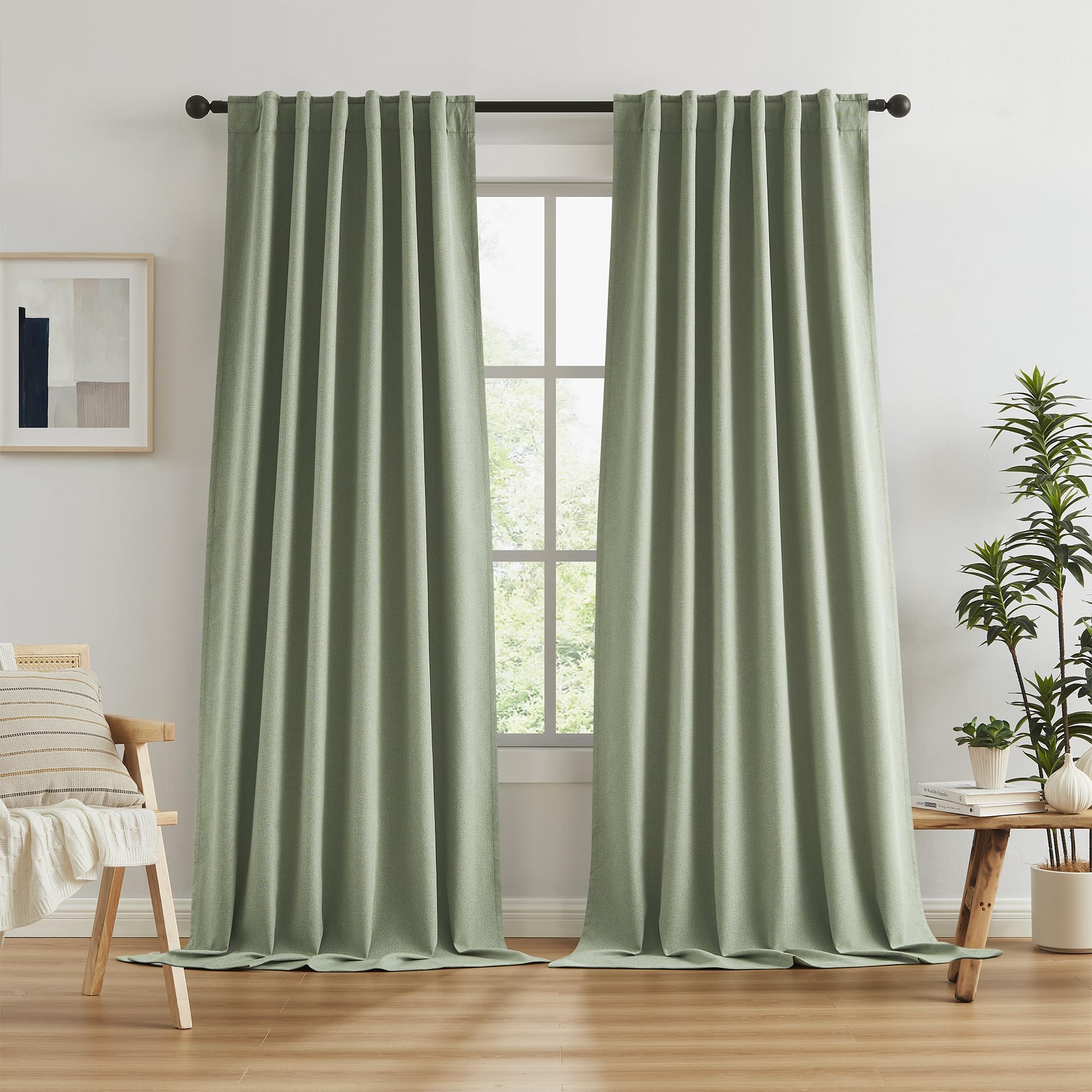 KEQIAOSUOCAI Blackout Linen Curtains 108 Inches Long, Back Tab Loop Pocket Hook Belt Long Vertical Drapes for Living Room Large Windows 50 x 108 Inch, 2 Panels, Sage Green
