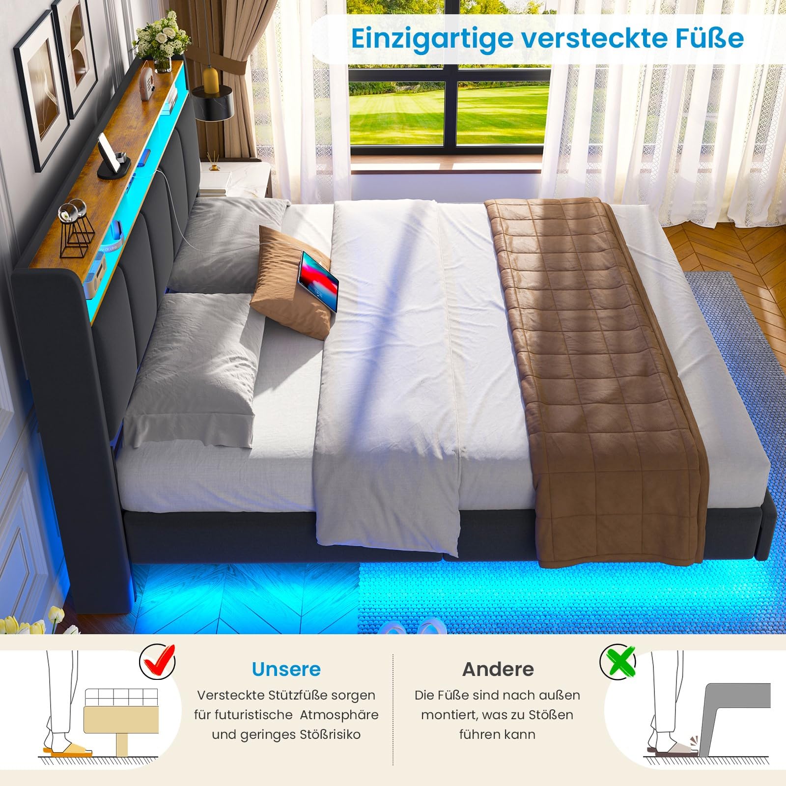 Brinlawb Polsterbett 160x200 cm Schwebebett mit LED-Beleuchtung, Kopfteil und Ladestation(2 AC-Steckdosen… – Ansicht 3