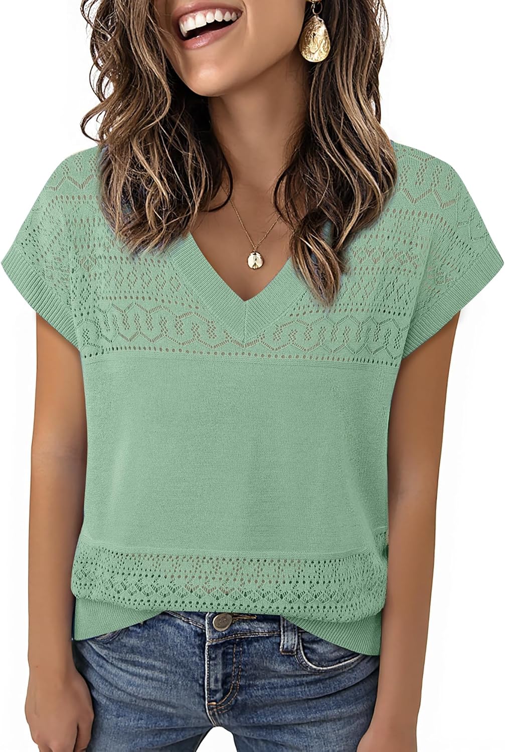 Messic Womens V Neck Sweater Vest Cap Sleeve Casual Lightweight Knit Pullover Tops - Image 2