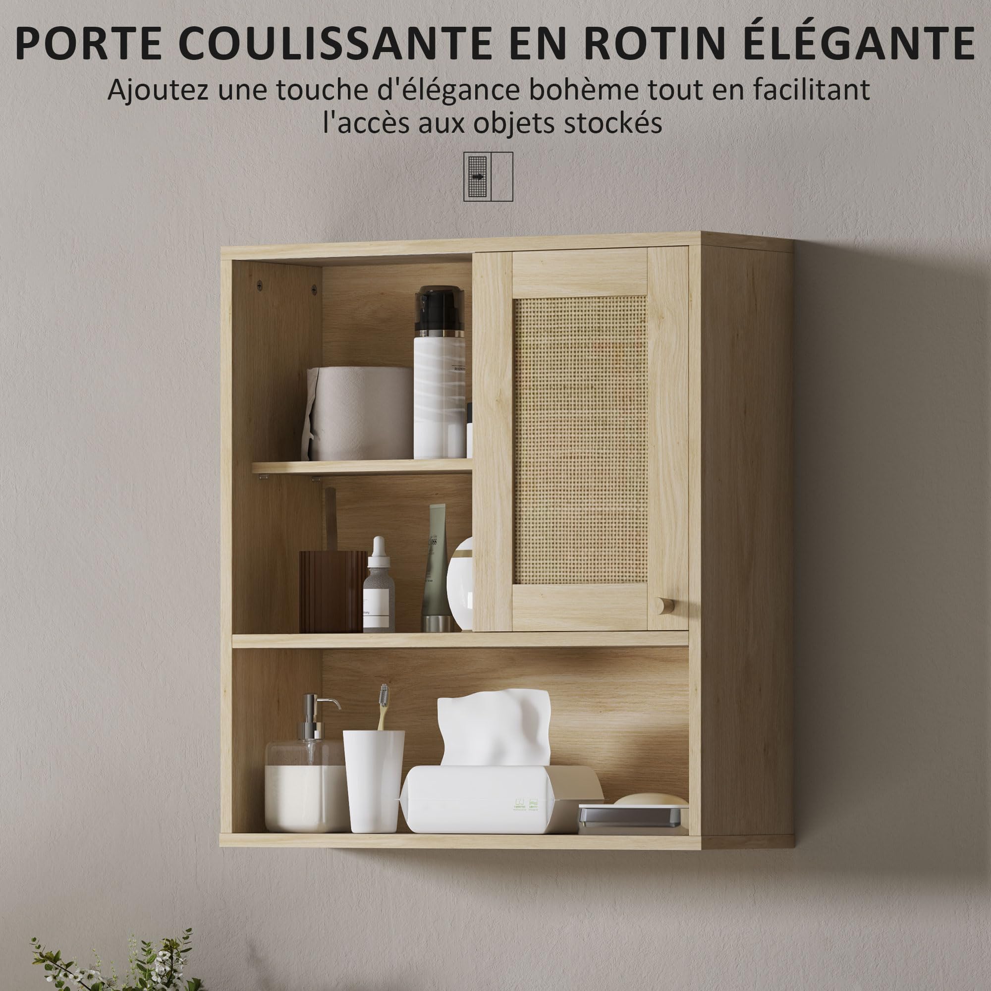 HOMCOM Armoire murale, meuble haut salle de bain avec porte coulissante en rotin et étagères ouvertes, meuble de salle de bain style bohème, meuble de rangement suspendu, 60 x 20 x 65 cm, bois naturel