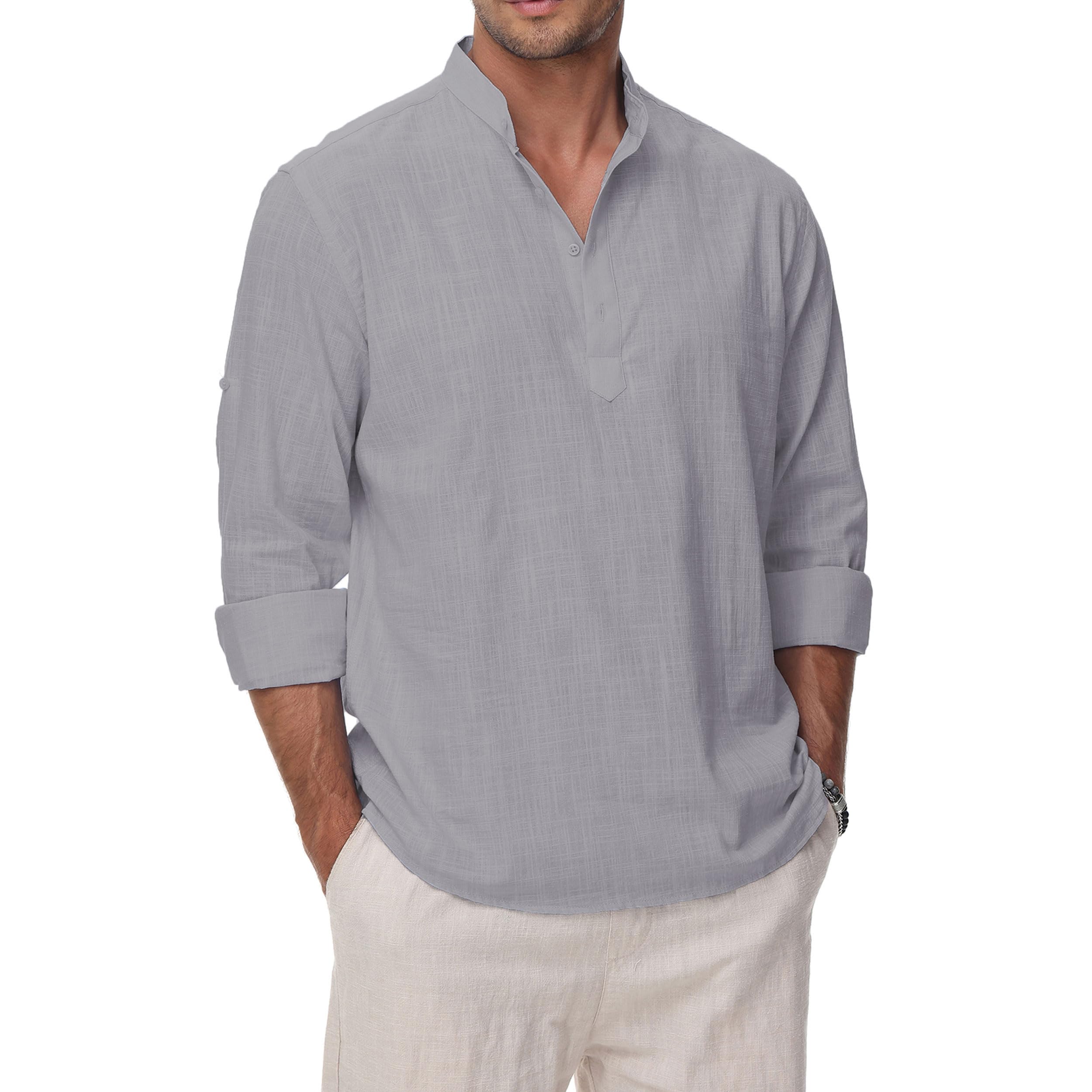 VANCOOG Cotton Linen Shirts for Men Lightweight Casual Long Sleeve Henley Beach Hawaiian Tops