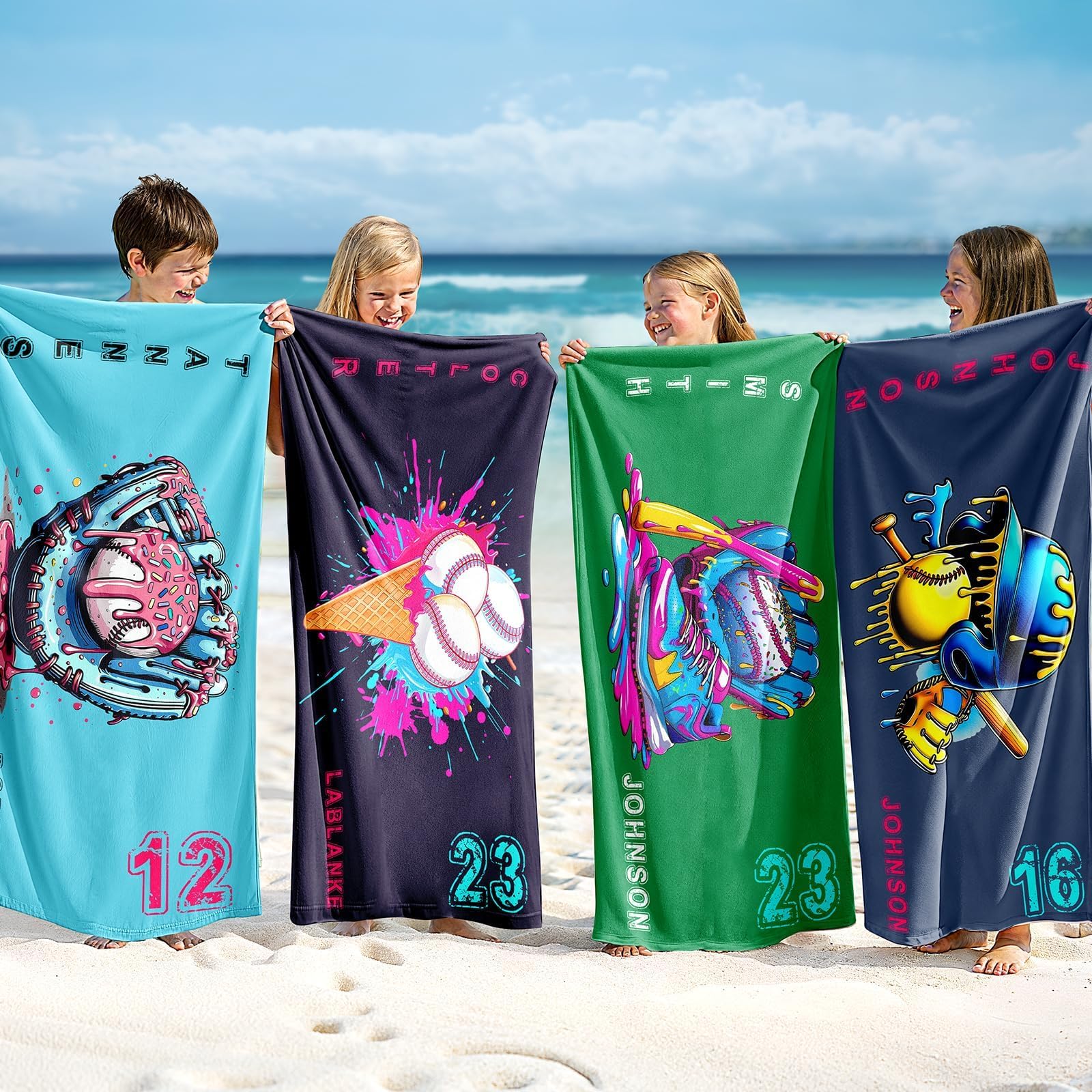 Infiher Personalised Beach Towels for Kids,Custom Ice Cream Drip Baseball Beach Towel with Name,Customised Soft Absorbent Swim/Pool Towel,Youth Baseball Team Gift for Spring Break & Summer Fun