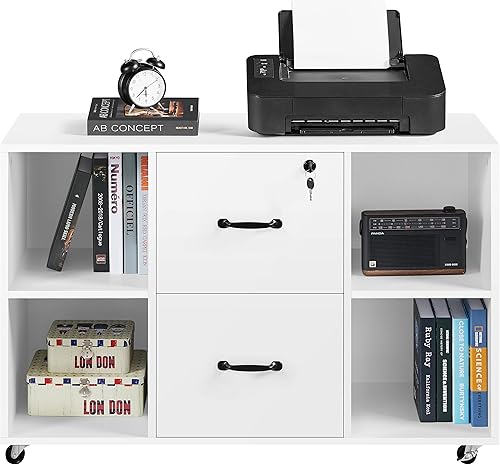 Topeakmart Archivador móvil con 2 cajones y 4 estantes de almacenamiento abiertos, archivador lateral grande, soporte de impresora para el hogar y