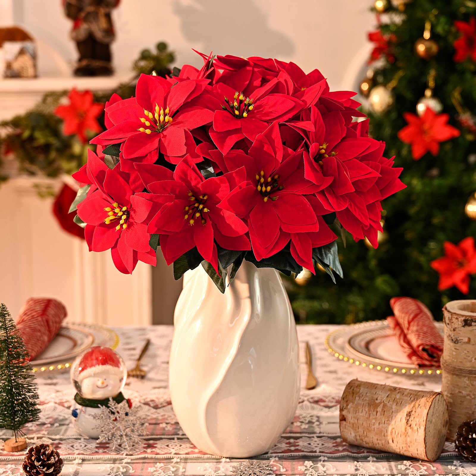 MARTINE MALL Paquete de 6 flores artificiales de Pascua con 7 cabezas, decoración de Navidad, ramo de flor de Pascua de terciopelo para árbol de Navidad, porche, hogar, jardín, decoración interior y