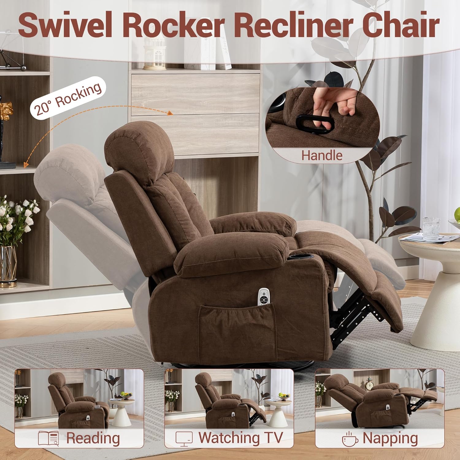 Rocker Recliner Chair with Vibration Massage and Heat, Ergonomic Lounge Chair with Rocking Function and Side Pocket, Cup Holders, 360° Swivel Rocking Chair for Adults, Brown