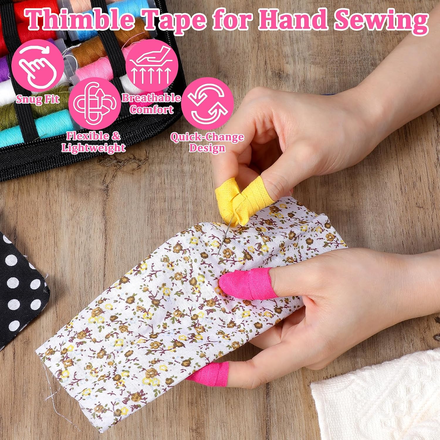 4 Rolls Thimble Tape for Hand Sewing, Self-Adhesive Cotton Sewing Thimble Finger Protector Tape, Adjustable Breathable Bandage Wrap for Knitting, Quilting, Embroidery Crafts (Pink White Yellow Purple)