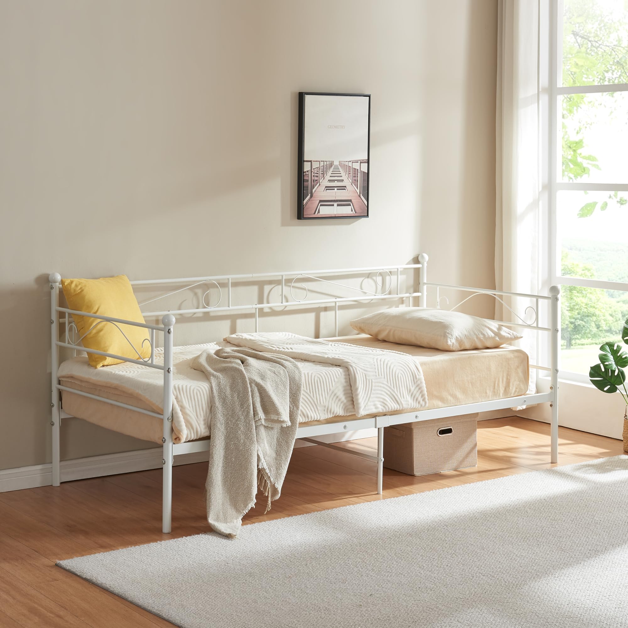 en.casa Bett Granada – Metall-Einzelbett 90 x 200 cm, Weiß, mit Stauraum