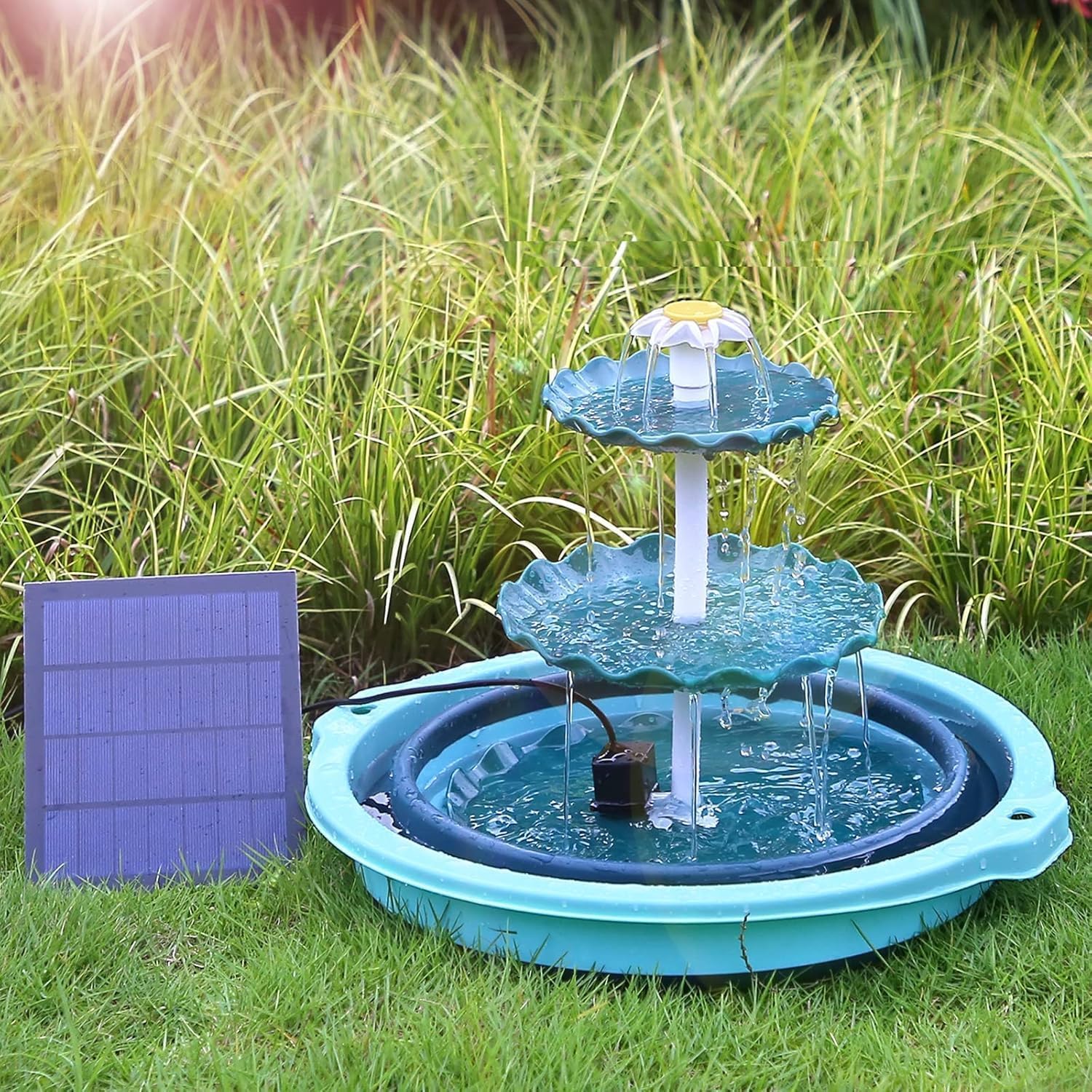 AISITIN Fuente DIY, juegos de bebederos para pájaros con fuente solar de 3,5W, alimentadores para pájaros de 3 niveles para exteriores, bebedero para pájaros y fuente solar desmontable adecuada para