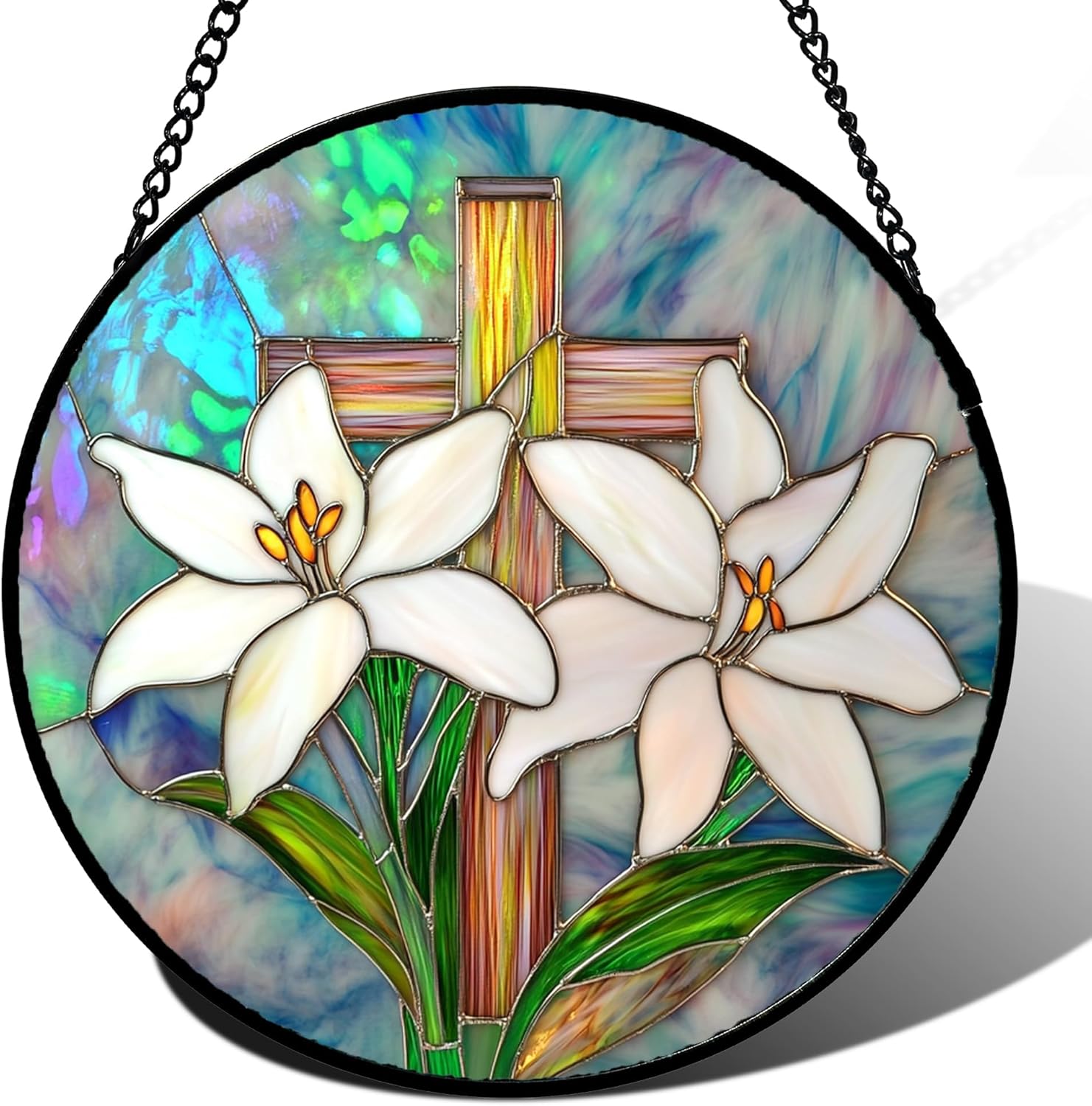 Christian Gifts for Women - Cross Stained Glass Window Hanging Easter White Lily Flower Sun Catcher Garden Religion Decor Mother's Day Catholic Faith Gift for Grandma Mom Nana Her 15"
