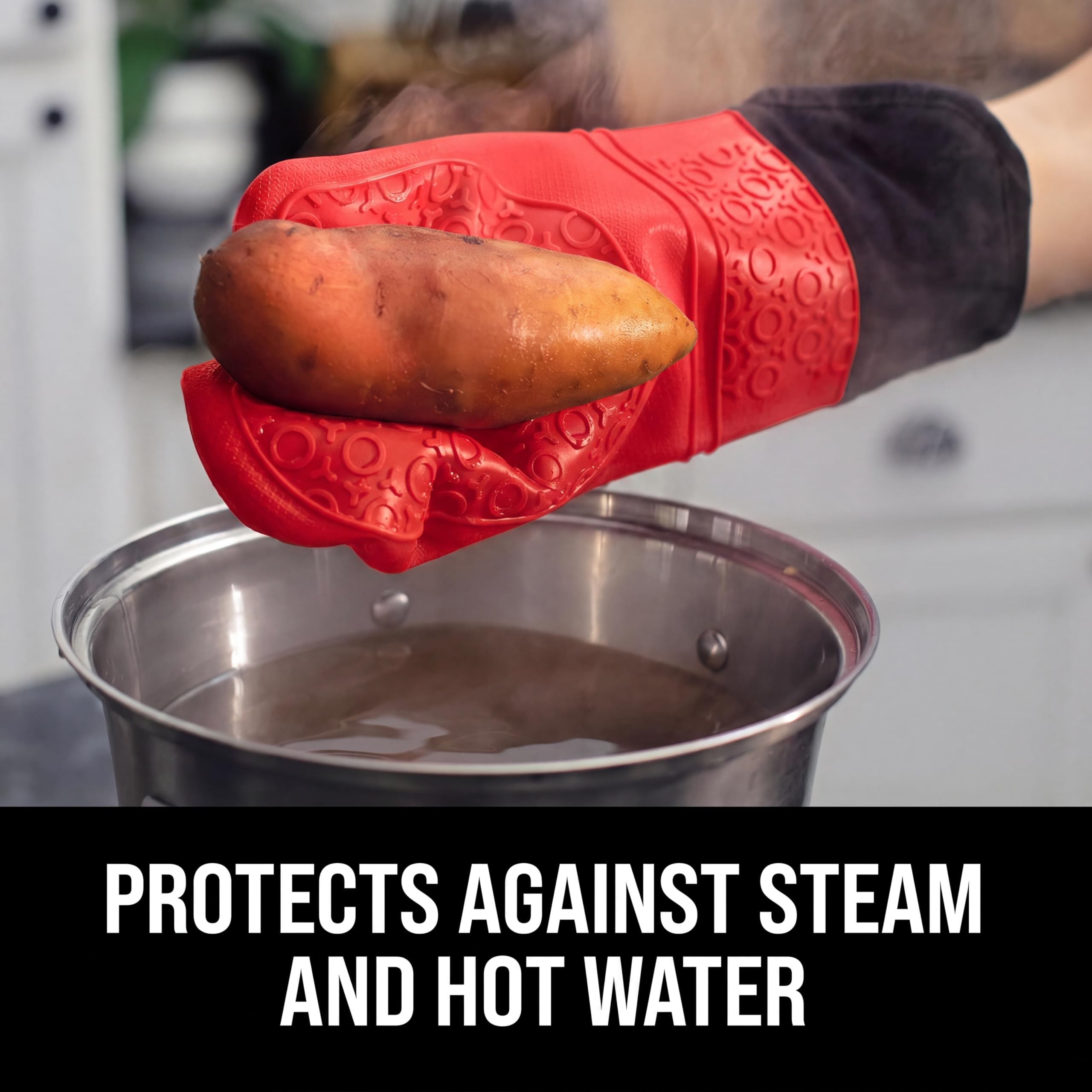 HOMWE Paire de Gants de Cuisine Professionnels Extra Longs en Silicone avec Doublure matelassée, résistants à la Chaleur, Gants de Four Flexibles, Rouge, 37,8 cm