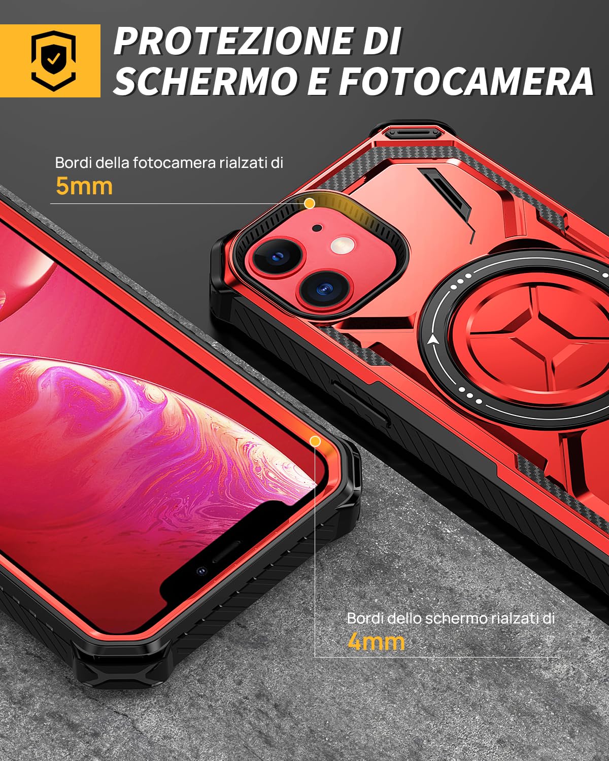 Lanhiem Cover per iPhone 11 con 2 Pezzi Vetro Temperato, 16FT Antiurto Anticaduta Militare,Supporto Magnetico Anello a 360° Protezione Armor Protezione, Custodia per iPhone 11, Rosso