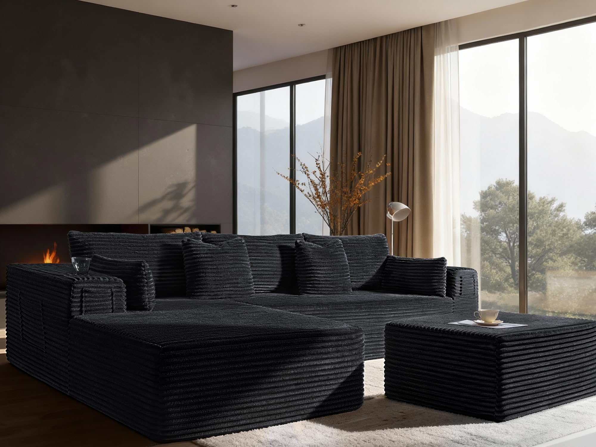 108" Oversized Cloud Sectional Couch, Comfort U Shaped Boneless Couch for Living Room, Extra Deep Seats No Assembly, Modular Sofa, Corduroy (Black, 2 Seater + Left Facing Chaise + Ottoman)