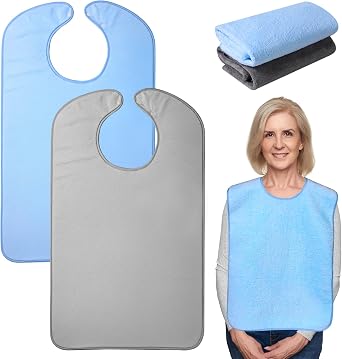 2 Pack Adult Bibs for Men and Women Terry Cloth for Eating Super Absorbent and Washable Adjustable Bib for Elderly Clothing Protectors Blue and Gray
