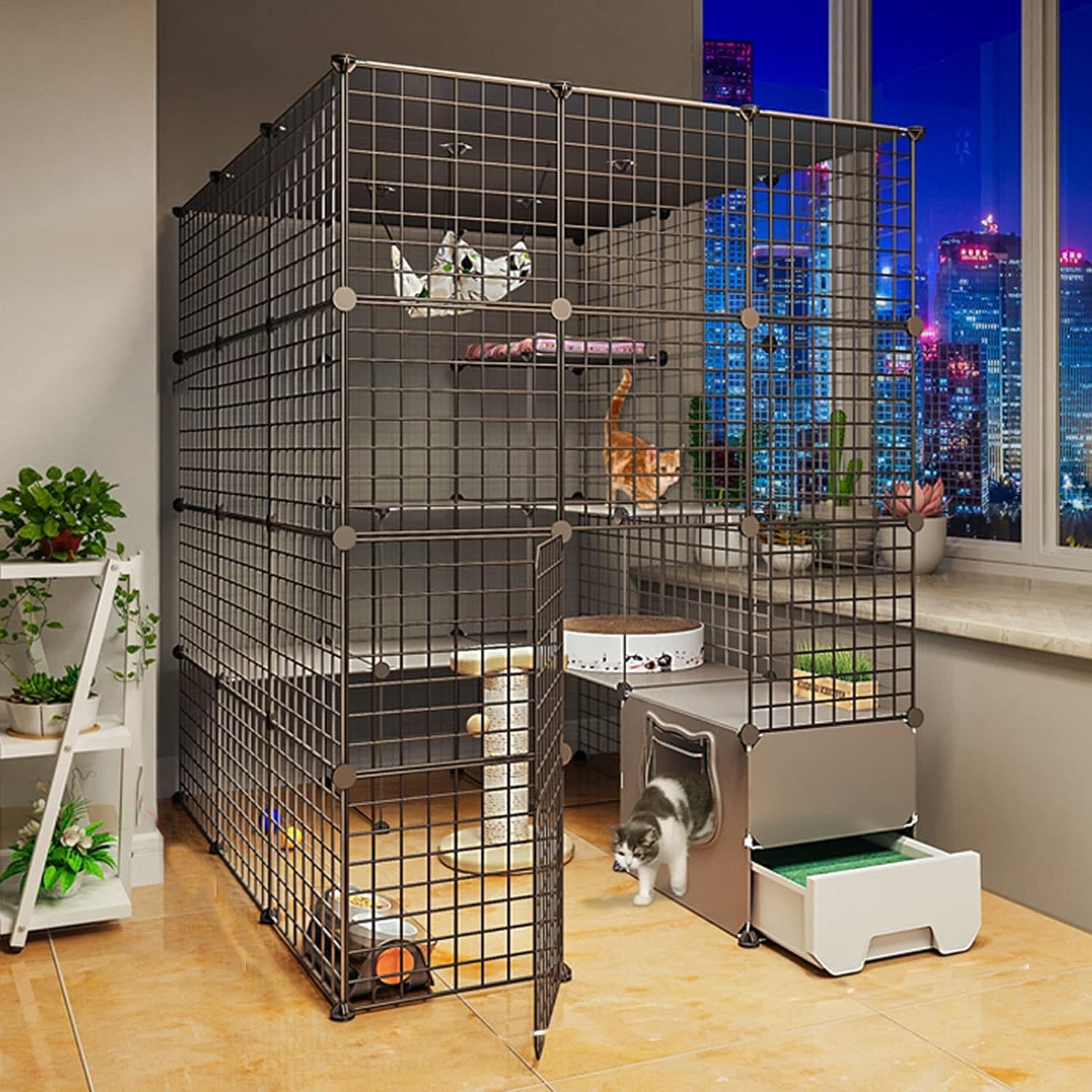 Gabbia per Gatti da Esterno Grande Dimensioni in Metallo, Gabbia Gatti Balcone, Case per Gatti e Condomini, Nero, Adatto per Soggiorno e Camera da Letto