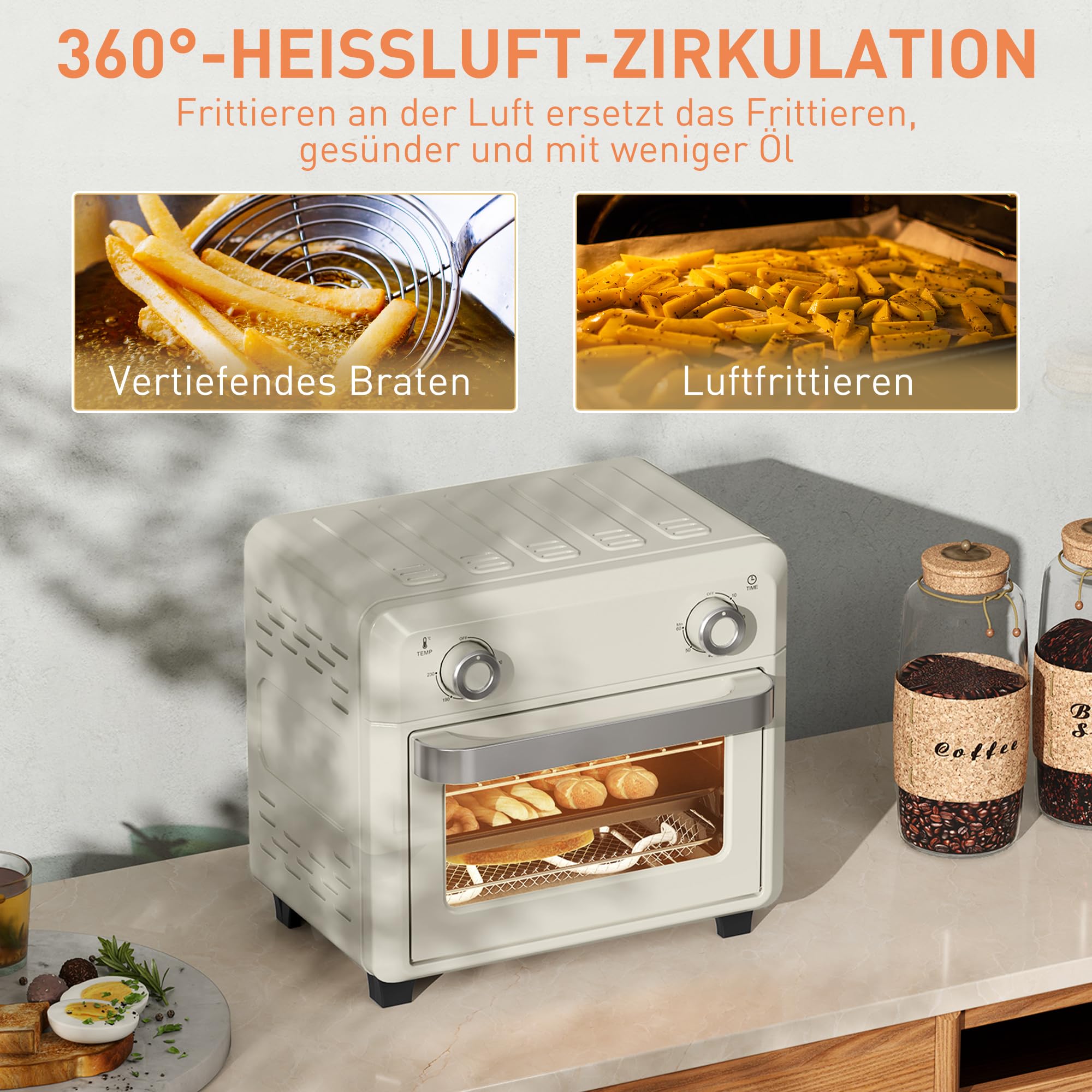 HOMCOM Minihorno con convección 10L 2 en 1 Minihorno con rejilla para horno, bandeja de horno y bandeja recogemigas, 80 °C-230 °C freidora de aire caliente con temporizador, luz interior, 1000W, acero