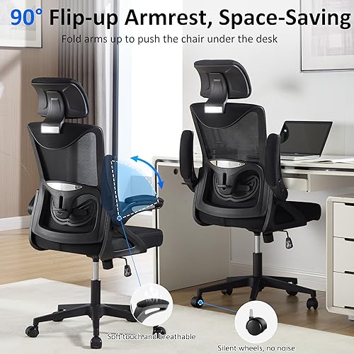Miniatura 5 de Fizzin Silla de oficina ergonómica, silla de escritorio ergonómica con reposacabezas de malla para computadora con respaldo alto, soporte lumbar