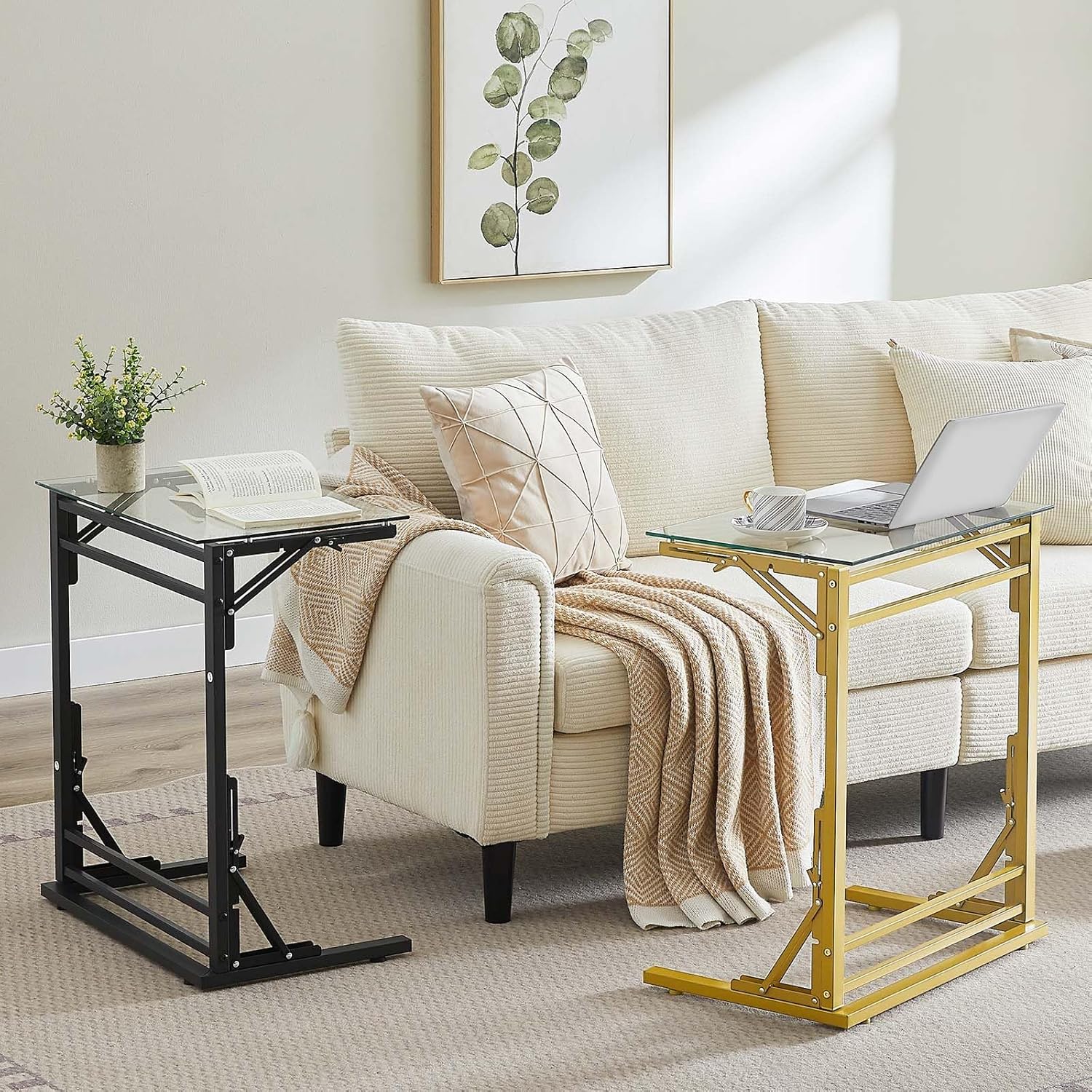 Tatub Folding TV Tray Table Set of 2, 24" Wide Glass C-Shaped End Table for Couches, Small Couch Side C Table, Slide Under Sofa Tray Arm Table for Living Room, Bedroom, Gold