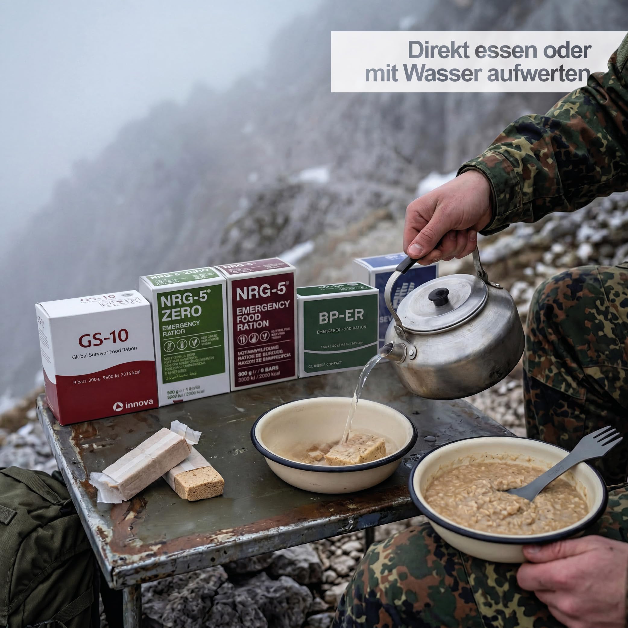 Notfallnahrung Testpaket BP-ER, NRG-5, Seven Oceans & GS-10 Notration + NRG-5 ZERO glutenfrei - Survival Food Set für Katastrophenschutz & Notvorrat Lebensmittel - Langzeitnahrung 20 Jahre genießbar