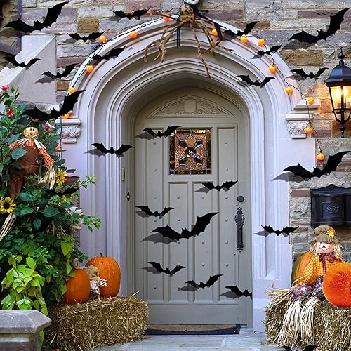 Miniatura 4 de 72 decoraciones de Halloween, 60 murciélagos de decoración de Halloween con 12 arañas, decoración de pared de murciélagos 3D, 4 tamaños diferentes,