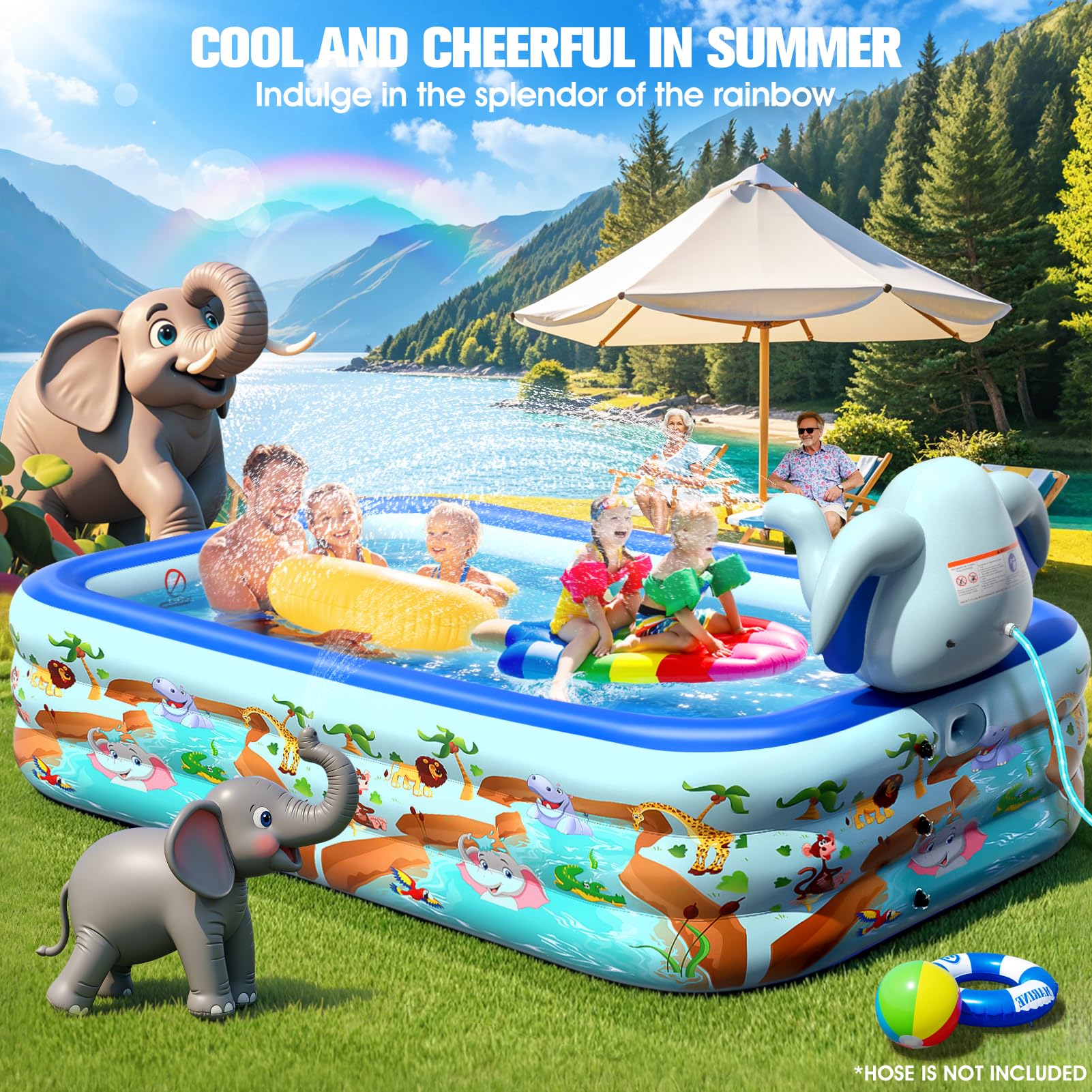 LanBlu Planschbecken Rechteckig mit Sprinkler, Elefant Aufblasbarer Pool Erwachsene, 0.6mm Verdicktes Family Pool, XXL 252×183×56CM