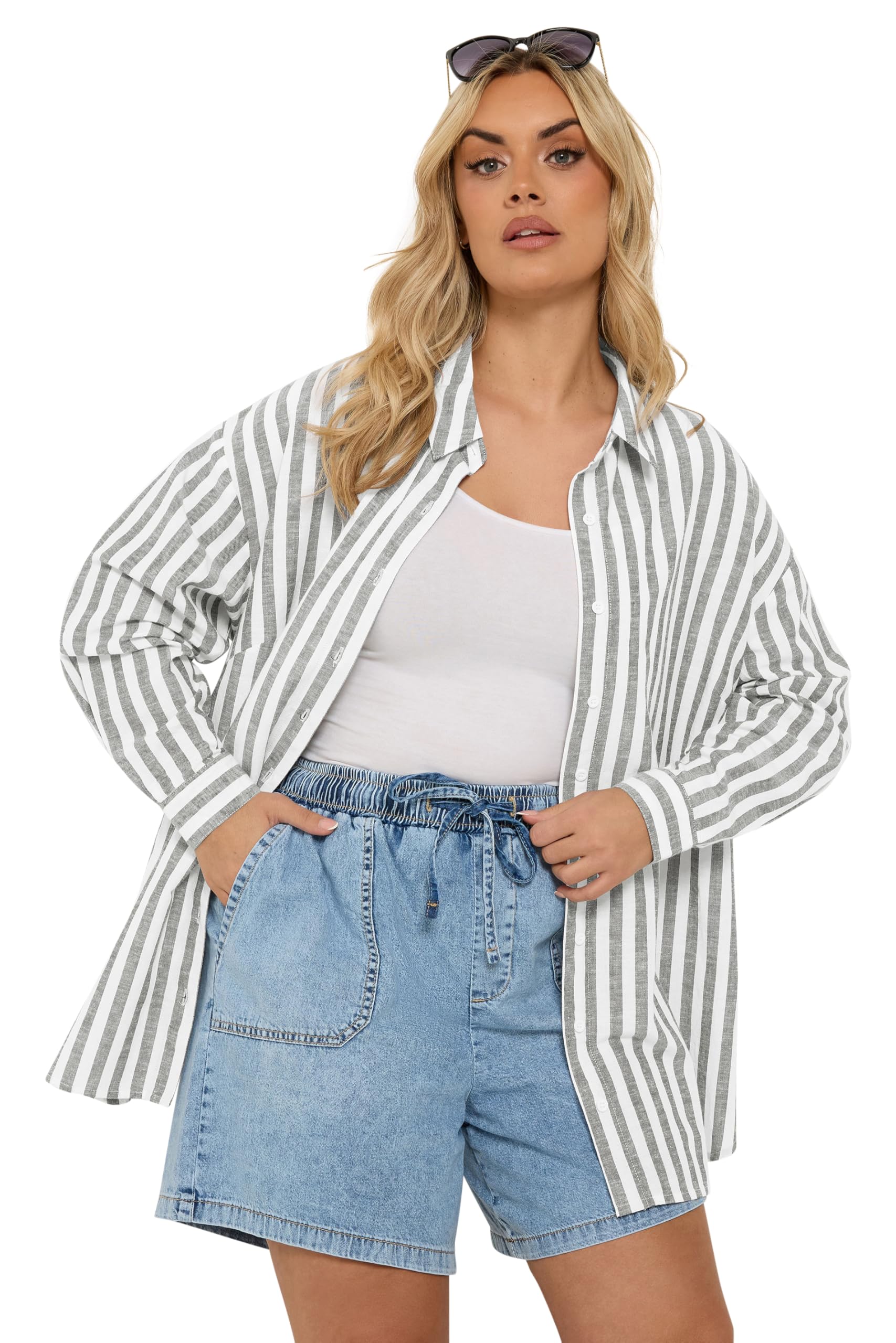 Yours Women's Grey Stripe Linen Shirt In | Size: 26/28