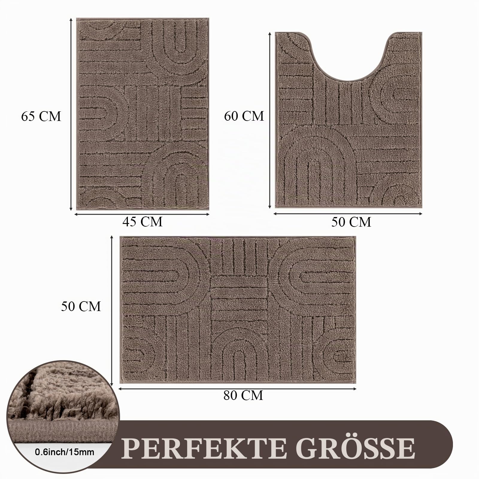 Badematte Set 3 Teilig rutschfest Waschbar Badteppich, Braun