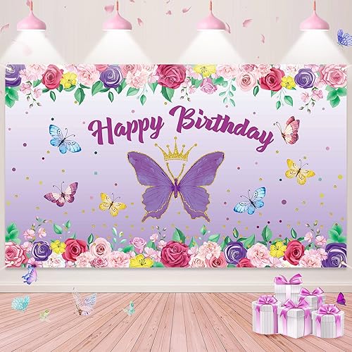 Miniatura 1 de Banner de mariposa de feliz cumpleaños decoraciones de mariposa morada para niñas y mujeres telón de fondo de mariposa para baby shower y