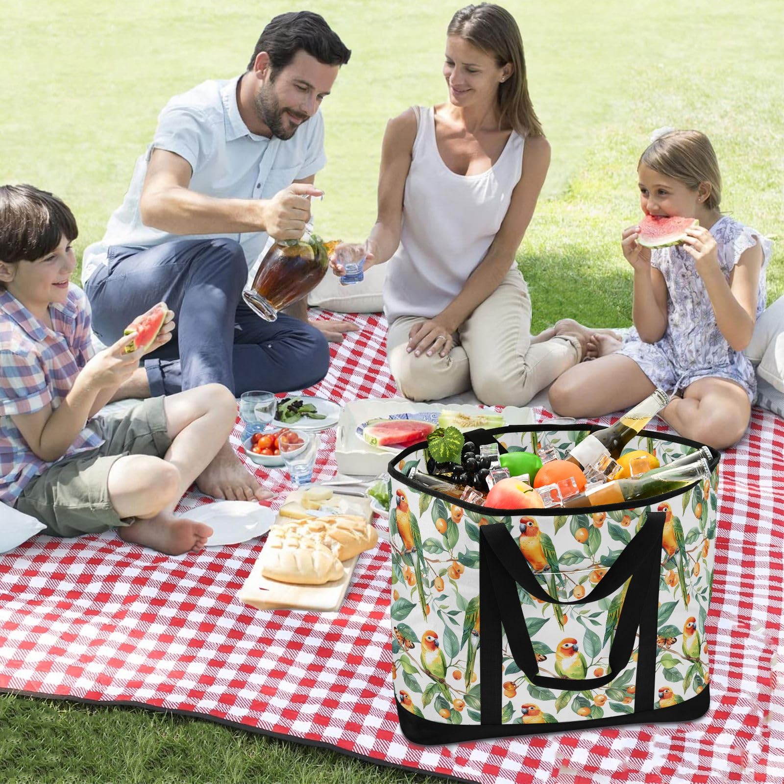 Retro Little Parrots Prints - Bolsa térmica térmica reutilizable con cremallera, bolsa térmica grande portátil para viajes o camping