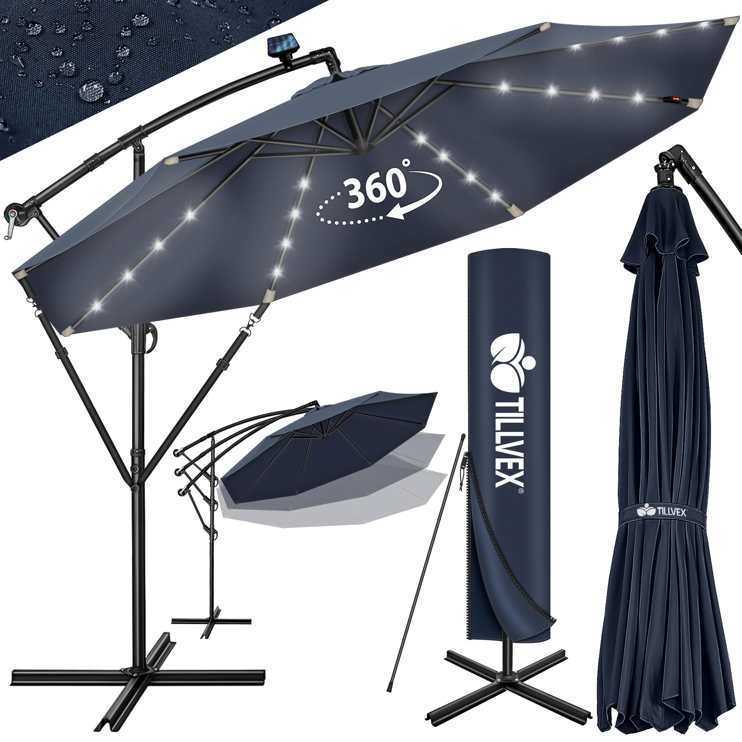 tillvex 300 cm Sombrilla Excentrico con 32 Luces LED Solar | Parasol para Terraza Jardín Balcón Patio | con Manivela y Base en Cruz, Giratorio 360º, Protección UV