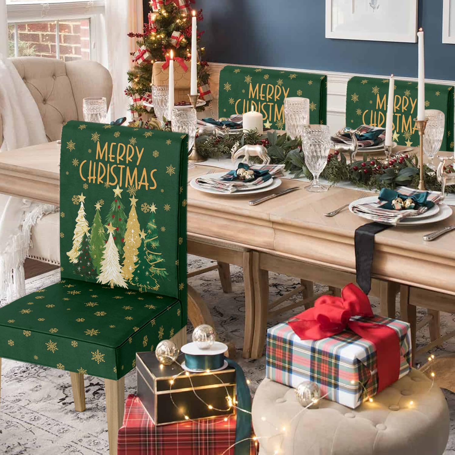 Horaldaily 8PCS Christmas Dining Green Chair Covers, Christmas Pine Tree Stars Stretch Removable Washable Slipcover Chair Protector for Dining Room Home Decor