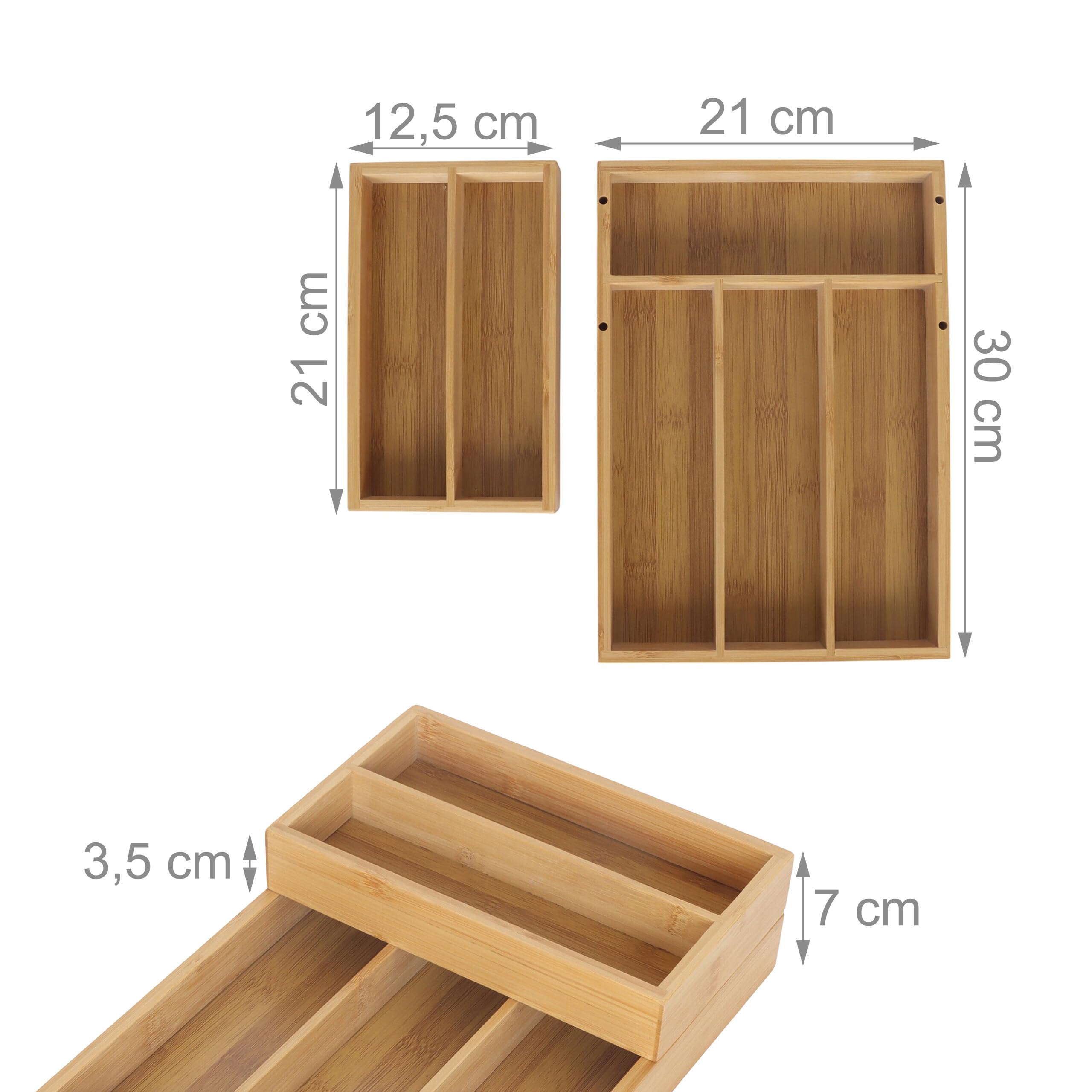 Relaxdays Bamboo Cutlery Organizer, 2 Pieces, 6 Compartments, Stackable, Drawer Insert, Natural