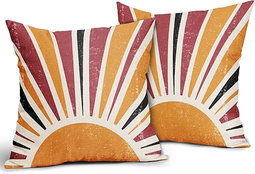 Vista 40 de Juego de 2 fundas de almohada de sol bohemias verdes de 16 x 16 pulgadas, diseño bohemio, amanecer, puesta de sol, estampado abstracto de sol, Sun7