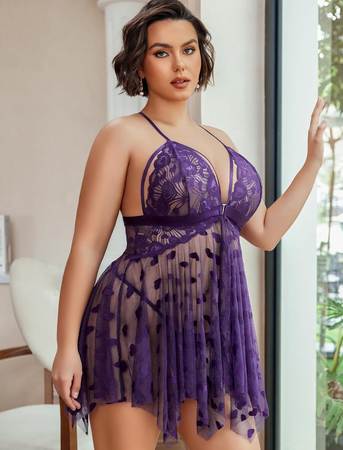 Avidlove Plus Size Lingerie Lace Babydoll Womens Teddy Chemise V Neck Nighty Mesh Sleepwear Front Slit Nightdress - Image 3