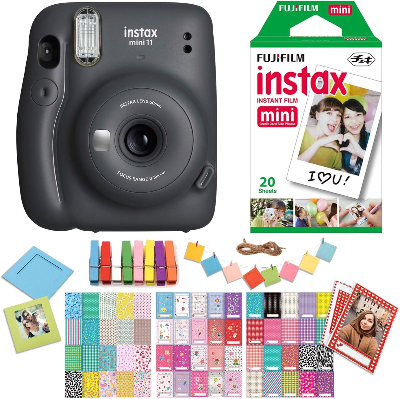 Fujifilm Instax Mini 11 Charcoal Gray Instant Camera with Twin Pack Instant Film, Ritz Gear Frame Stickers and Hanging Frames