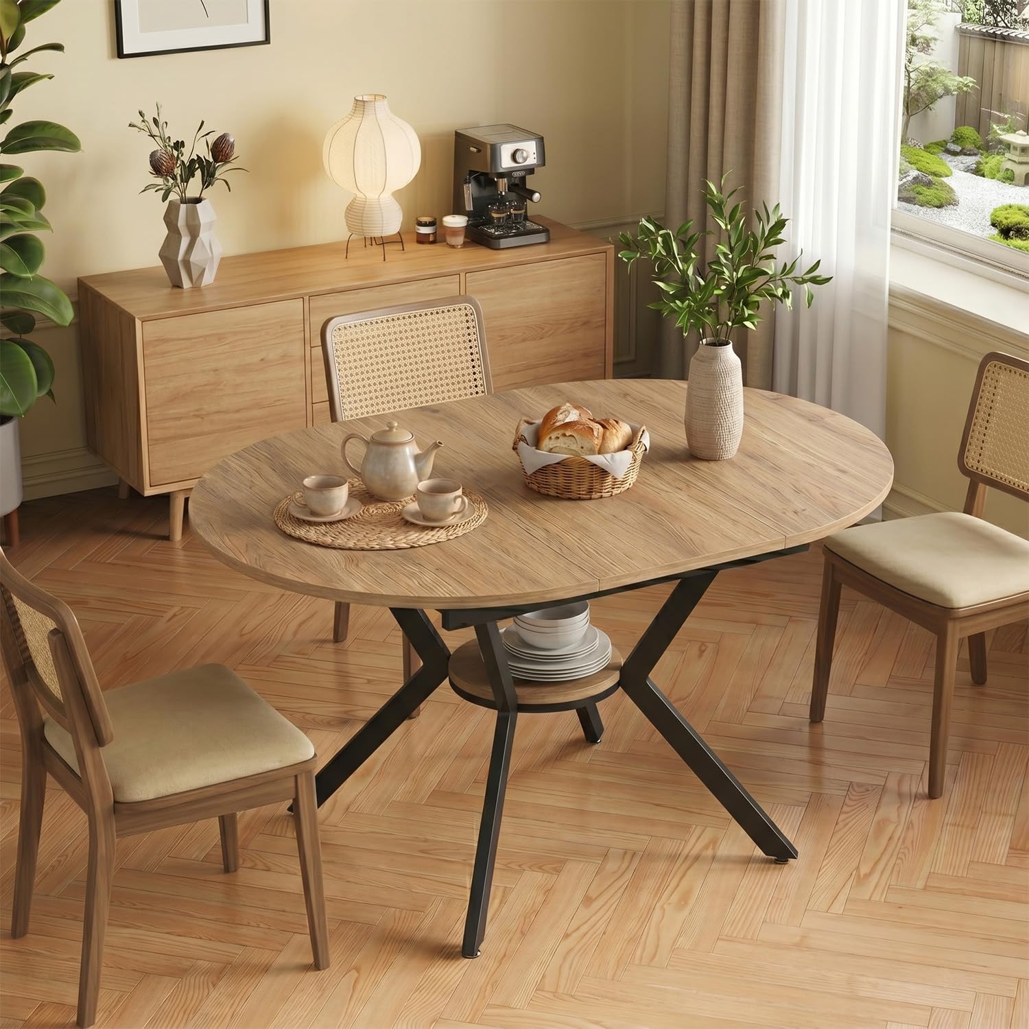 Esstisch Rund Ausziehbar, 100-140cm Rund Küchentisch Holz, Esszimmertisch Oval mit Teleskopfunktion, Wohnzimmertisch Erweiterbar mit Offenen Ablagen für Küche, Esszimmer und Wohnzimmer