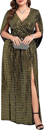 ZOMVA Plus Size Sequin Formal Dress Maxi Sparkly Glitter Cape Sleeve Prom Evening Gown Gala Dress
