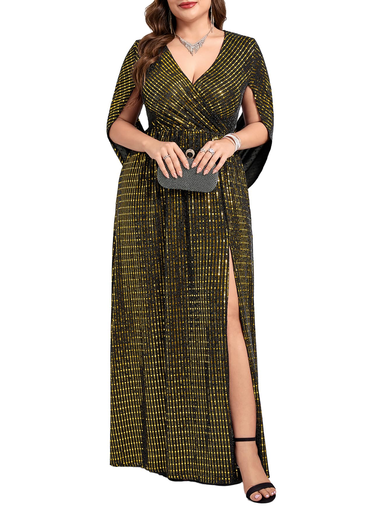 ZOMVA Plus Size Sequin Formal Dress Maxi Sparkly Glitter Cape Sleeve Prom Evening Gown Gala Dress